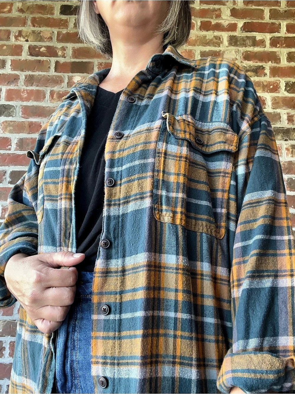 Wild Fable Plaid Button Down Shirt in Blue & Orange Size Medium Like